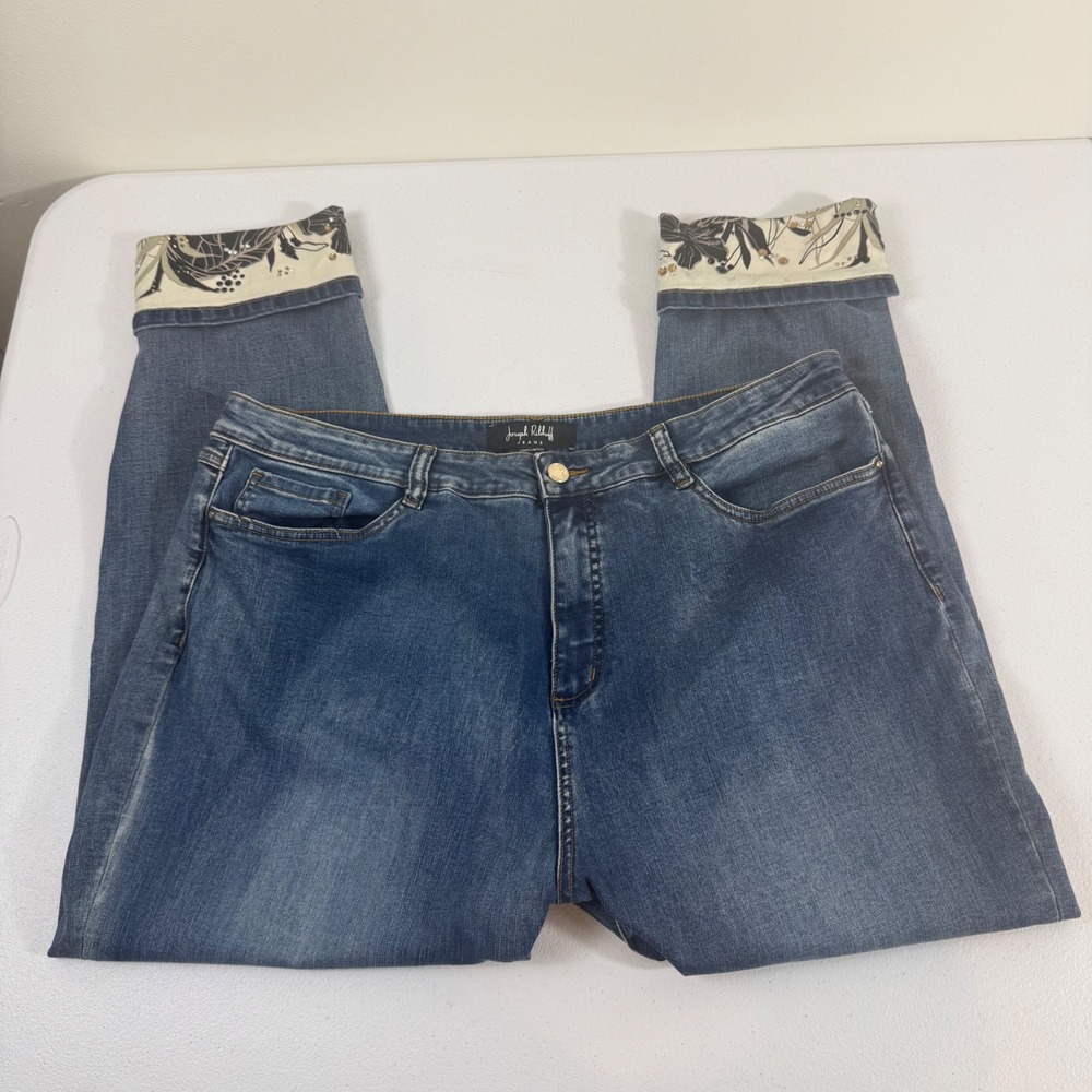 Joseph Ribkoff Jeans Womens 22 Medium Wash Floral Cuffed Studded Straight Leg